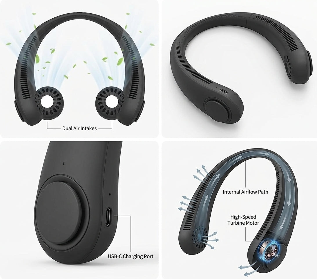 Portable Hands-Free Neck Fan – Ultra-Quiet Cooling with 360° Surround Airflow (White)